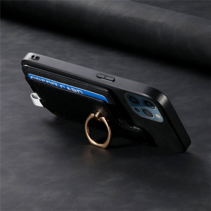 For iPhone 12 Pro Max Retro Magsafe Cross Leather Ring Holder Card Bag Phone Case(Black) - iPhone 12 Pro Max Cases by buy2fix | Online Shopping UK | buy2fix