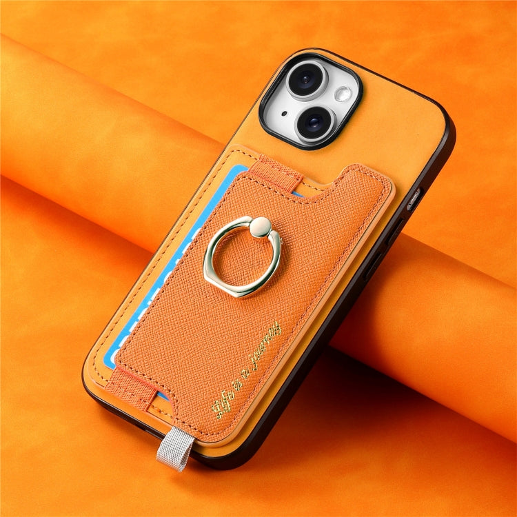 For iPhone 13 Retro Magsafe Cross Leather Ring Holder Card Bag Phone Case(Yellow) - iPhone 13 Pro Cases by buy2fix | Online Shopping UK | buy2fix