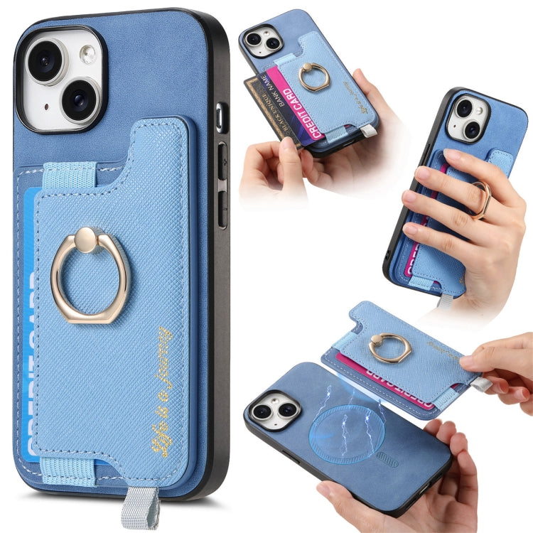 For iPhone 13 Retro Magsafe Cross Leather Ring Holder Card Bag Phone Case(Blue) - iPhone 13 Pro Cases by buy2fix | Online Shopping UK | buy2fix