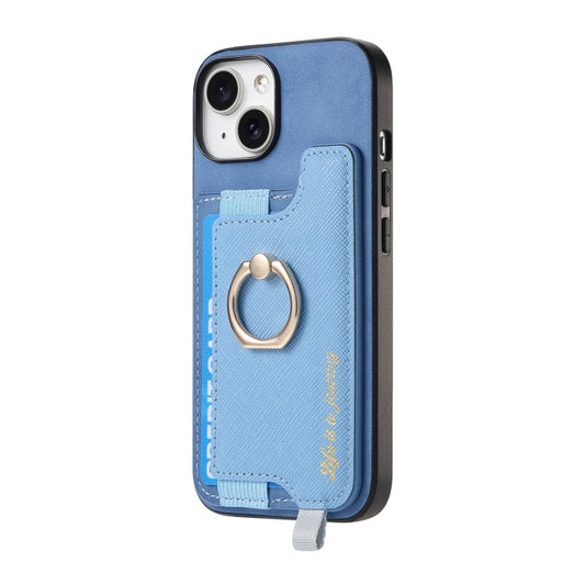 For iPhone 13 Retro Magsafe Cross Leather Ring Holder Card Bag Phone Case(Blue) - iPhone 13 Pro Cases by buy2fix | Online Shopping UK | buy2fix