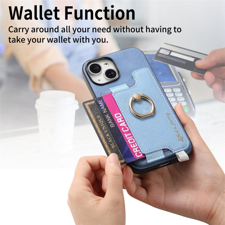 For iPhone 13 Retro Magsafe Cross Leather Ring Holder Card Bag Phone Case(Blue) - iPhone 13 Pro Cases by buy2fix | Online Shopping UK | buy2fix