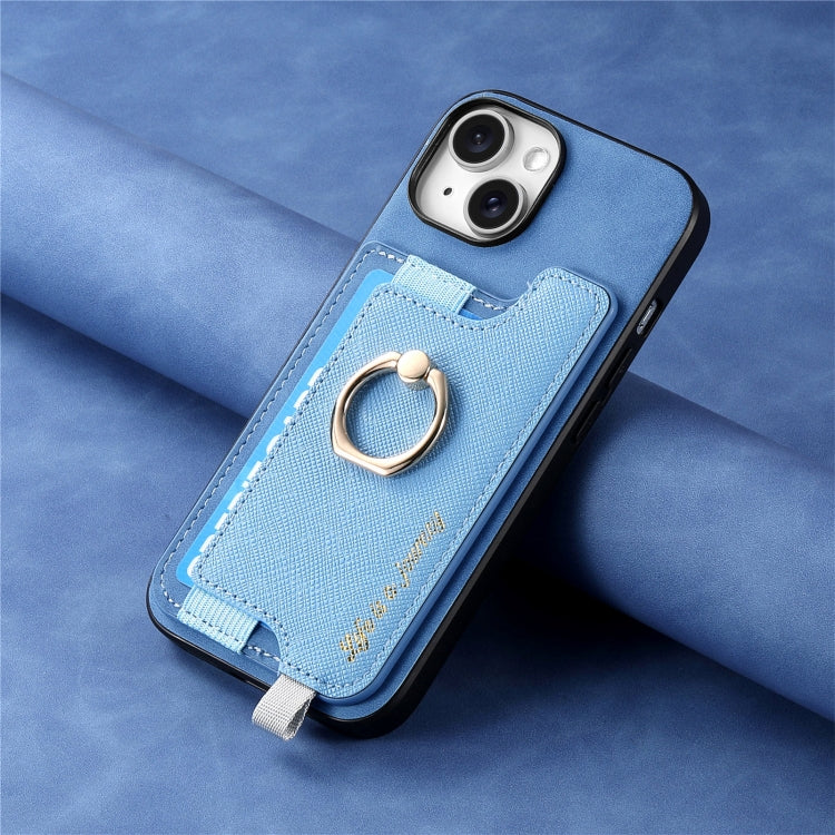 For iPhone 13 Retro Magsafe Cross Leather Ring Holder Card Bag Phone Case(Blue) - iPhone 13 Pro Cases by buy2fix | Online Shopping UK | buy2fix