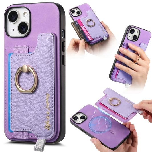 For iPhone 13 Retro Magsafe Cross Leather Ring Holder Card Bag Phone Case(Purple) - iPhone 13 Pro Cases by buy2fix | Online Shopping UK | buy2fix