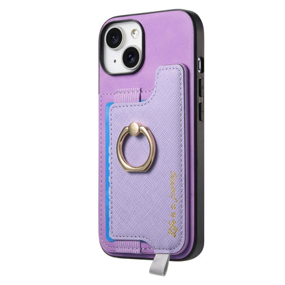 For iPhone 13 Retro Magsafe Cross Leather Ring Holder Card Bag Phone Case(Purple) - iPhone 13 Pro Cases by buy2fix | Online Shopping UK | buy2fix