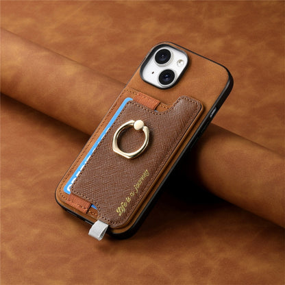 For iPhone 13 Retro Magsafe Cross Leather Ring Holder Card Bag Phone Case(Brown) - iPhone 13 Pro Cases by buy2fix | Online Shopping UK | buy2fix