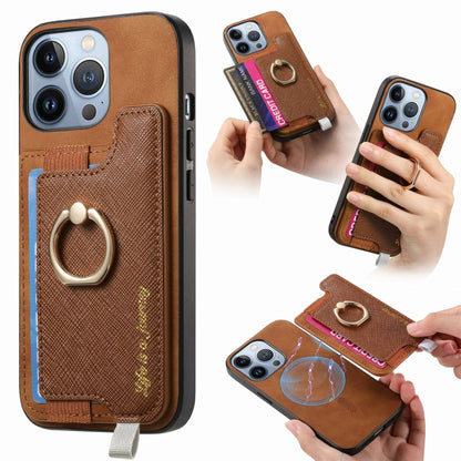 For iPhone 13 Pro Max Retro Magsafe Cross Leather Ring Holder Card Bag Phone Case(Brown) - iPhone 13 Pro Max Cases by buy2fix | Online Shopping UK | buy2fix