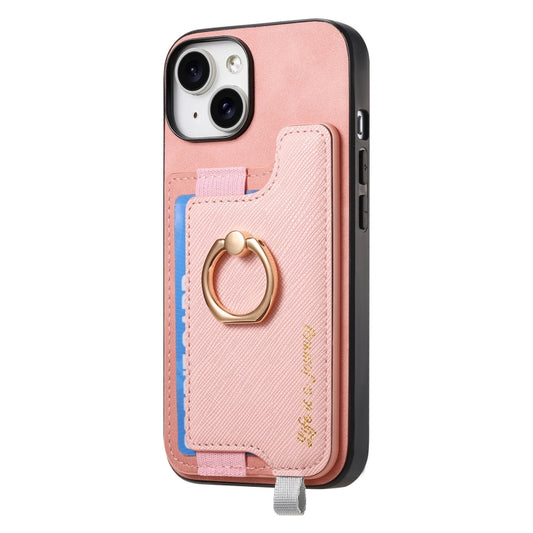 For iPhone 14 Retro Magsafe Cross Leather Ring Holder Card Bag Phone Case(Pink) - iPhone 14 Cases by buy2fix | Online Shopping UK | buy2fix