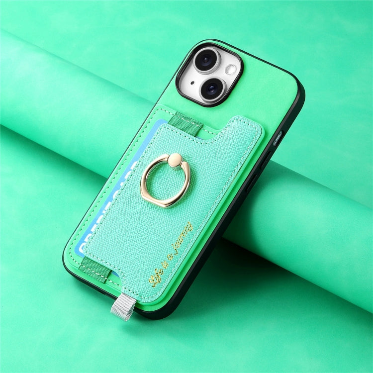 For iPhone 14 Retro Magsafe Cross Leather Ring Holder Card Bag Phone Case(Green) - iPhone 14 Cases by buy2fix | Online Shopping UK | buy2fix