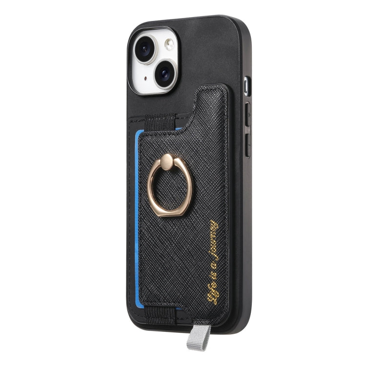 For iPhone 14 Retro Magsafe Cross Leather Ring Holder Card Bag Phone Case(Black) - iPhone 14 Cases by buy2fix | Online Shopping UK | buy2fix