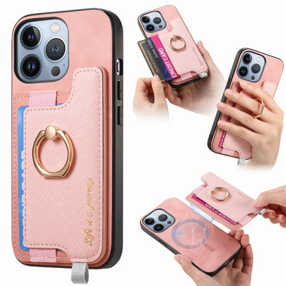For iPhone 14 Pro Retro Magsafe Cross Leather Ring Holder Card Bag Phone Case(Pink) - iPhone 14 Pro Cases by buy2fix | Online Shopping UK | buy2fix