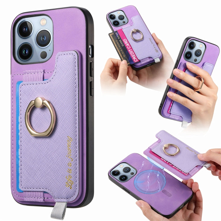For iPhone 14 Pro Retro Magsafe Cross Leather Ring Holder Card Bag Phone Case(Purple) - iPhone 14 Pro Cases by buy2fix | Online Shopping UK | buy2fix