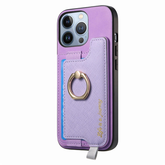 For iPhone 14 Pro Retro Magsafe Cross Leather Ring Holder Card Bag Phone Case(Purple) - iPhone 14 Pro Cases by buy2fix | Online Shopping UK | buy2fix
