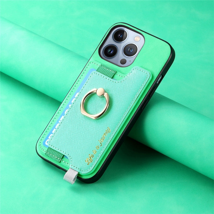 For iPhone 14 Pro Retro Magsafe Cross Leather Ring Holder Card Bag Phone Case(Green) - iPhone 14 Pro Cases by buy2fix | Online Shopping UK | buy2fix