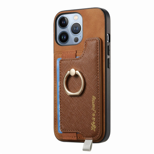 For iPhone 14 Pro Retro Magsafe Cross Leather Ring Holder Card Bag Phone Case(Brown) - iPhone 14 Pro Cases by buy2fix | Online Shopping UK | buy2fix