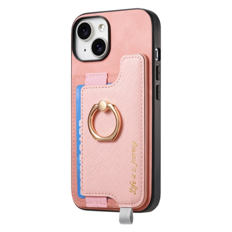 For iPhone 14 Plus Retro Magsafe Cross Leather Ring Holder Card Bag Phone Case(Pink) - iPhone 14 Plus Cases by buy2fix | Online Shopping UK | buy2fix