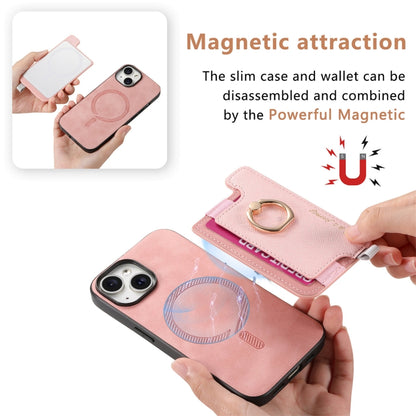 For iPhone 14 Plus Retro Magsafe Cross Leather Ring Holder Card Bag Phone Case(Pink) - iPhone 14 Plus Cases by buy2fix | Online Shopping UK | buy2fix