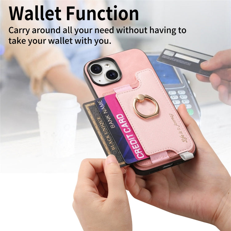 For iPhone 14 Plus Retro Magsafe Cross Leather Ring Holder Card Bag Phone Case(Pink) - iPhone 14 Plus Cases by buy2fix | Online Shopping UK | buy2fix