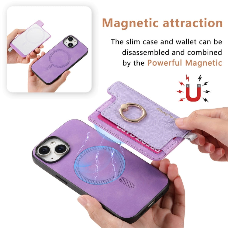 For iPhone 14 Plus Retro Magsafe Cross Leather Ring Holder Card Bag Phone Case(Purple) - iPhone 14 Plus Cases by buy2fix | Online Shopping UK | buy2fix