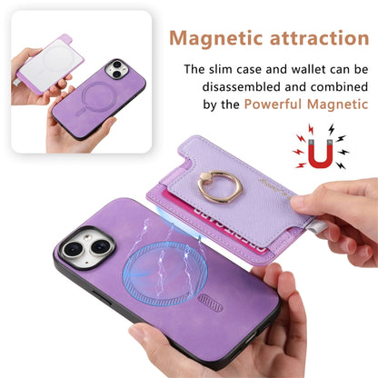 For iPhone 14 Plus Retro Magsafe Cross Leather Ring Holder Card Bag Phone Case(Purple) - iPhone 14 Plus Cases by buy2fix | Online Shopping UK | buy2fix