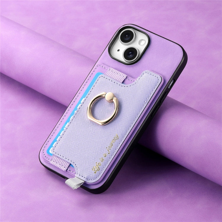 For iPhone 14 Plus Retro Magsafe Cross Leather Ring Holder Card Bag Phone Case(Purple) - iPhone 14 Plus Cases by buy2fix | Online Shopping UK | buy2fix
