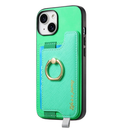 For iPhone 14 Plus Retro Magsafe Cross Leather Ring Holder Card Bag Phone Case(Green) - iPhone 14 Plus Cases by buy2fix | Online Shopping UK | buy2fix