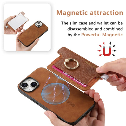 For iPhone 14 Plus Retro Magsafe Cross Leather Ring Holder Card Bag Phone Case(Brown) - iPhone 14 Plus Cases by buy2fix | Online Shopping UK | buy2fix