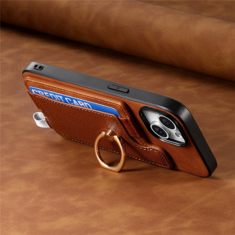 For iPhone 14 Plus Retro Magsafe Cross Leather Ring Holder Card Bag Phone Case(Brown) - iPhone 14 Plus Cases by buy2fix | Online Shopping UK | buy2fix