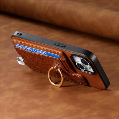 For iPhone 14 Plus Retro Magsafe Cross Leather Ring Holder Card Bag Phone Case(Brown) - iPhone 14 Plus Cases by buy2fix | Online Shopping UK | buy2fix