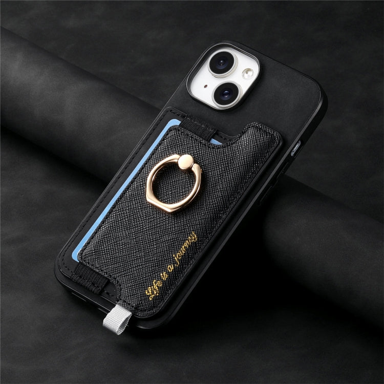 For iPhone 14 Plus Retro Magsafe Cross Leather Ring Holder Card Bag Phone Case(Black) - iPhone 14 Plus Cases by buy2fix | Online Shopping UK | buy2fix