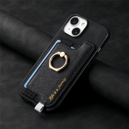 For iPhone 14 Plus Retro Magsafe Cross Leather Ring Holder Card Bag Phone Case(Black) - iPhone 14 Plus Cases by buy2fix | Online Shopping UK | buy2fix