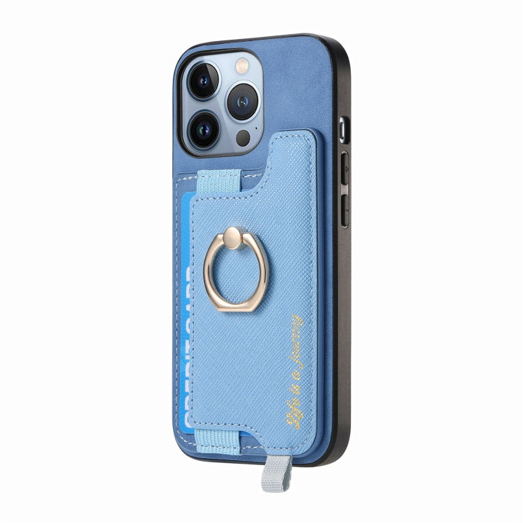 For iPhone 14 Pro Max Retro Magsafe Cross Leather Ring Holder Card Bag Phone Case(Blue) - iPhone 14 Pro Max Cases by buy2fix | Online Shopping UK | buy2fix