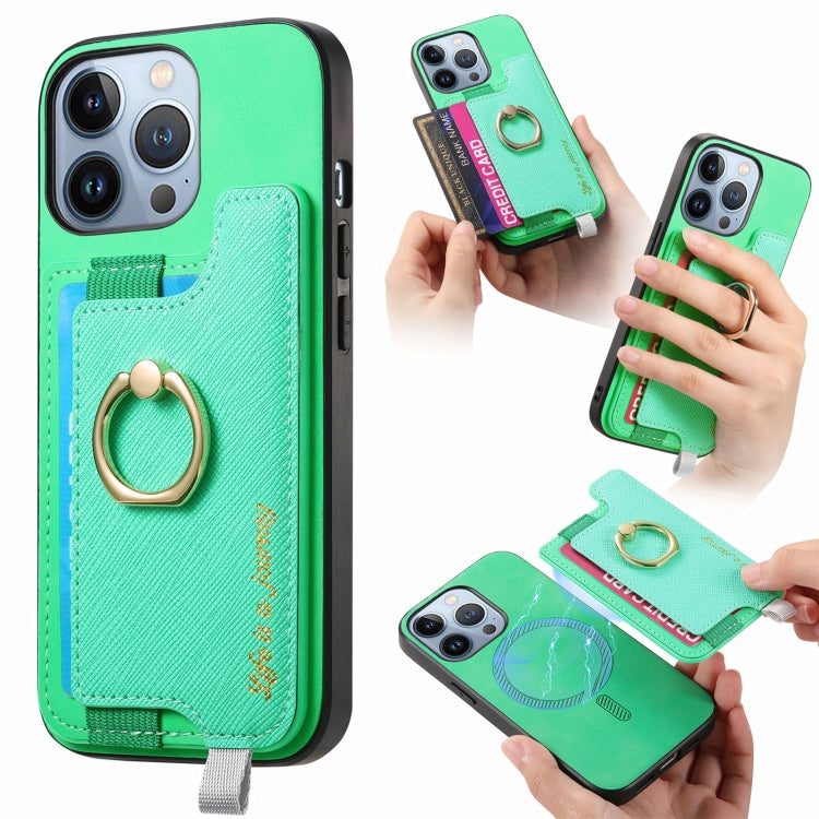 For iPhone 14 Pro Max Retro Magsafe Cross Leather Ring Holder Card Bag Phone Case(Green) - iPhone 14 Pro Max Cases by buy2fix | Online Shopping UK | buy2fix