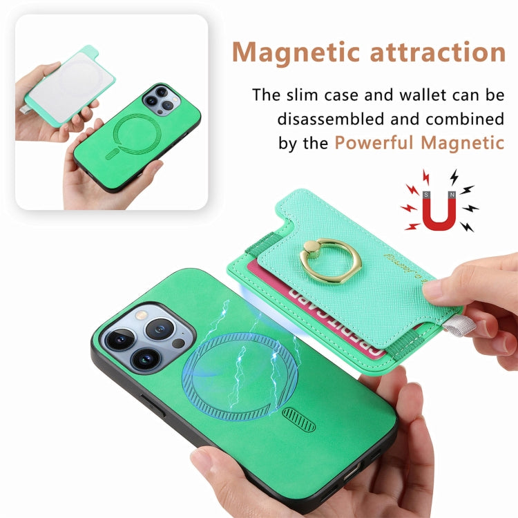 For iPhone 14 Pro Max Retro Magsafe Cross Leather Ring Holder Card Bag Phone Case(Green) - iPhone 14 Pro Max Cases by buy2fix | Online Shopping UK | buy2fix