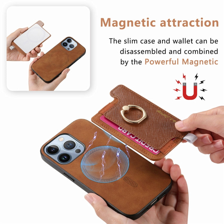 For iPhone 14 Pro Max Retro Magsafe Cross Leather Ring Holder Card Bag Phone Case(Brown) - iPhone 14 Pro Max Cases by buy2fix | Online Shopping UK | buy2fix