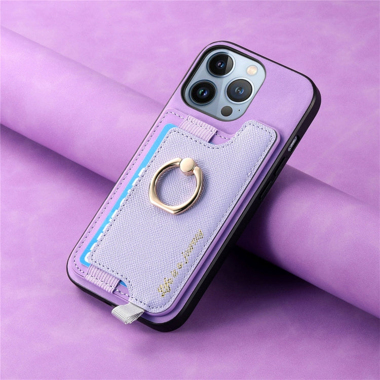 For iPhone 15 Retro Magsafe Cross Leather Ring Holder Card Bag Phone Case(Purple) - iPhone 15 Cases by buy2fix | Online Shopping UK | buy2fix