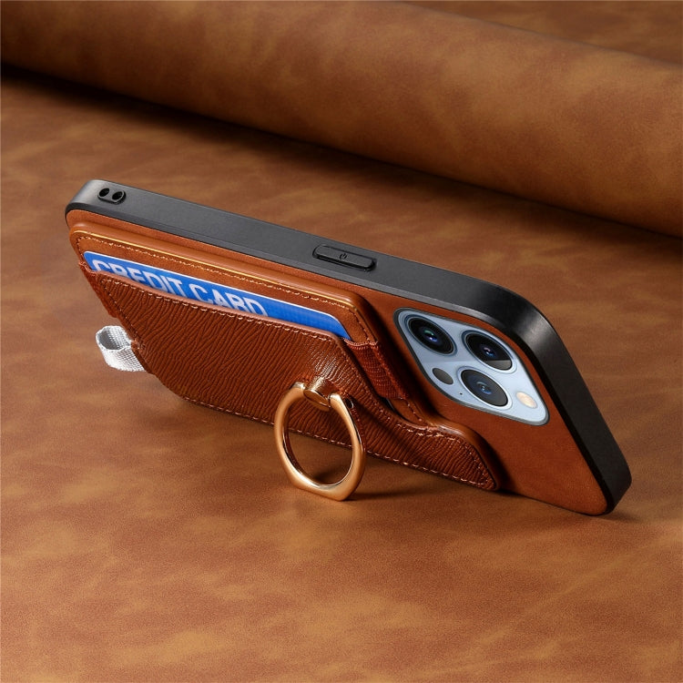 For iPhone 15 Retro Magsafe Cross Leather Ring Holder Card Bag Phone Case(Brown) - iPhone 15 Cases by buy2fix | Online Shopping UK | buy2fix