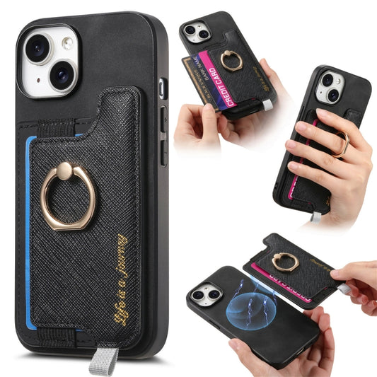 For iPhone 15 Retro Magsafe Cross Leather Ring Holder Card Bag Phone Case(Black) - iPhone 15 Cases by buy2fix | Online Shopping UK | buy2fix