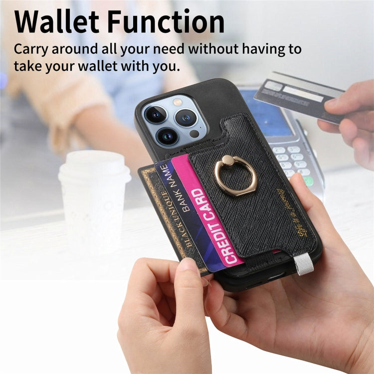 For iPhone 15 Retro Magsafe Cross Leather Ring Holder Card Bag Phone Case(Black) - iPhone 15 Cases by buy2fix | Online Shopping UK | buy2fix