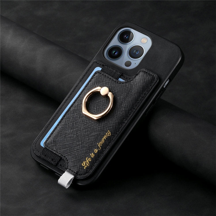 For iPhone 15 Retro Magsafe Cross Leather Ring Holder Card Bag Phone Case(Black) - iPhone 15 Cases by buy2fix | Online Shopping UK | buy2fix