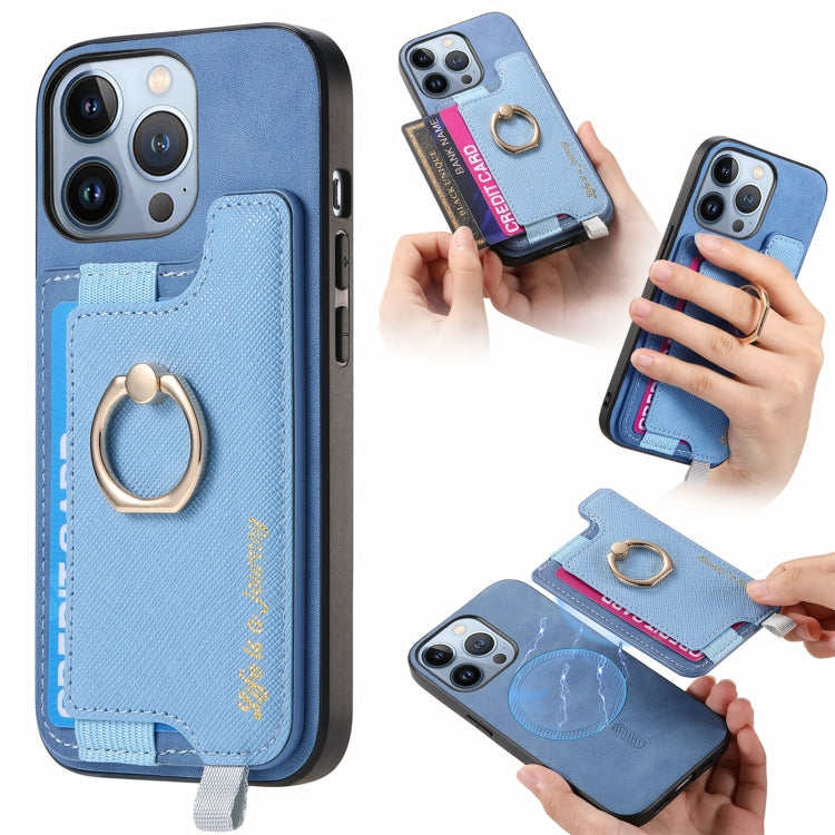 For iPhone 15 Pro Retro Magsafe Cross Leather Ring Holder Card Bag Phone Case(Blue) - iPhone 15 Pro Cases by buy2fix | Online Shopping UK | buy2fix