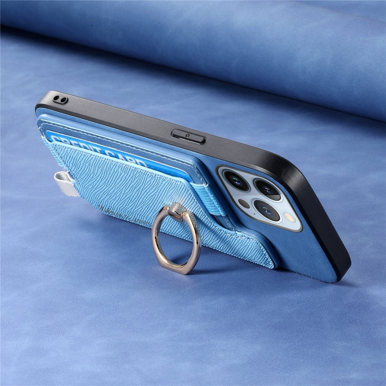 For iPhone 15 Pro Retro Magsafe Cross Leather Ring Holder Card Bag Phone Case(Blue) - iPhone 15 Pro Cases by buy2fix | Online Shopping UK | buy2fix