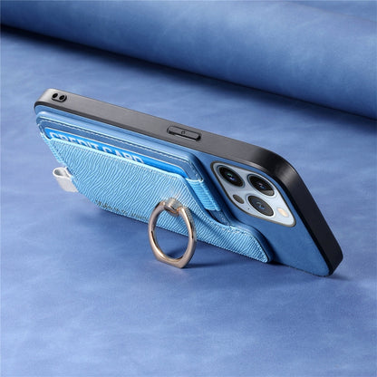 For iPhone 15 Pro Retro Magsafe Cross Leather Ring Holder Card Bag Phone Case(Blue) - iPhone 15 Pro Cases by buy2fix | Online Shopping UK | buy2fix