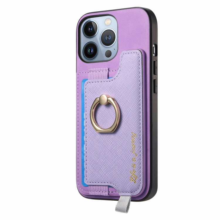 For iPhone 15 Pro Retro Magsafe Cross Leather Ring Holder Card Bag Phone Case(Purple) - iPhone 15 Pro Cases by buy2fix | Online Shopping UK | buy2fix