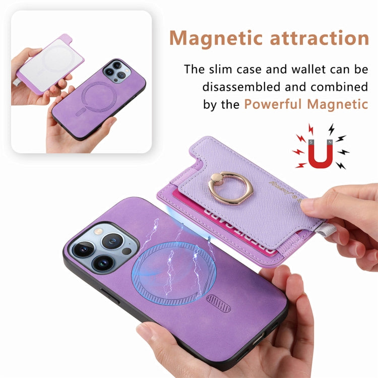 For iPhone 15 Pro Retro Magsafe Cross Leather Ring Holder Card Bag Phone Case(Purple) - iPhone 15 Pro Cases by buy2fix | Online Shopping UK | buy2fix