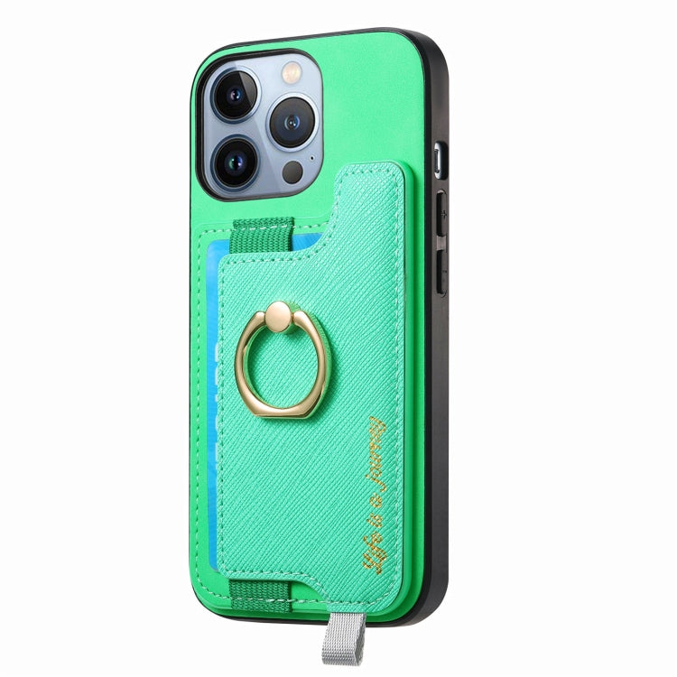 For iPhone 15 Pro Retro Magsafe Cross Leather Ring Holder Card Bag Phone Case(Green) - iPhone 15 Pro Cases by buy2fix | Online Shopping UK | buy2fix