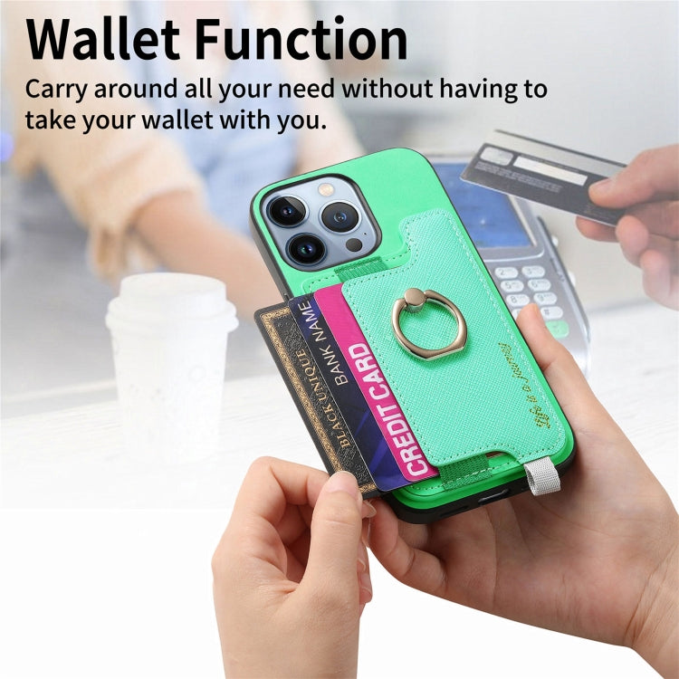 For iPhone 15 Pro Retro Magsafe Cross Leather Ring Holder Card Bag Phone Case(Green) - iPhone 15 Pro Cases by buy2fix | Online Shopping UK | buy2fix