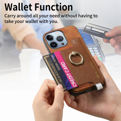 For iPhone 15 Pro Retro Magsafe Cross Leather Ring Holder Card Bag Phone Case(Brown) - iPhone 15 Pro Cases by buy2fix | Online Shopping UK | buy2fix