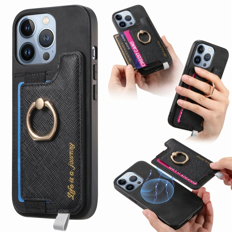 For iPhone 15 Pro Retro Magsafe Cross Leather Ring Holder Card Bag Phone Case(Black) - iPhone 15 Pro Cases by buy2fix | Online Shopping UK | buy2fix