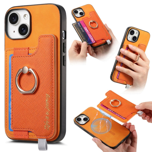 For iPhone 15 Plus Retro Magsafe Cross Leather Ring Holder Card Bag Phone Case(Yellow) - iPhone 15 Plus Cases by buy2fix | Online Shopping UK | buy2fix