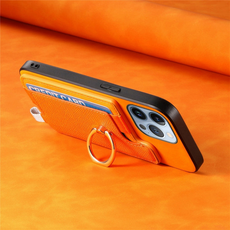 For iPhone 15 Plus Retro Magsafe Cross Leather Ring Holder Card Bag Phone Case(Yellow) - iPhone 15 Plus Cases by buy2fix | Online Shopping UK | buy2fix